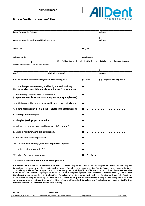 Anmeldebogen AllDent 