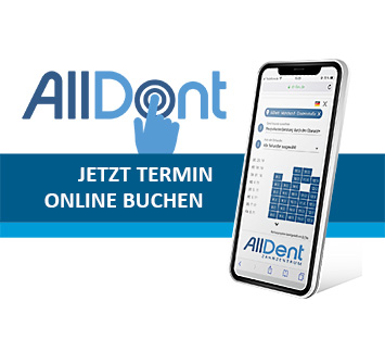 Handy mit AllDent Kalender, Banner im Hintergrund: Jetzt Termin online buchen